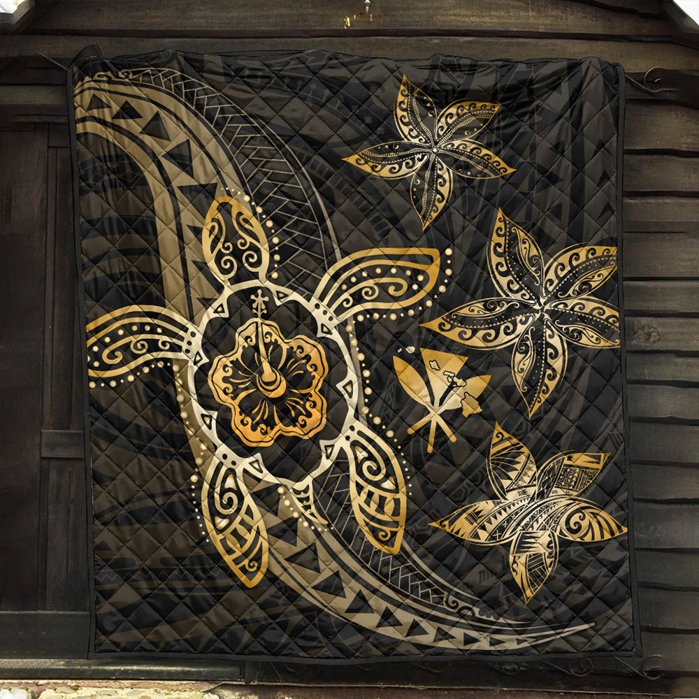 Hawaii Premium Quilt Kanaka Maoli Map Hibiscus Plumeria Turtle Art Polynesian Gold