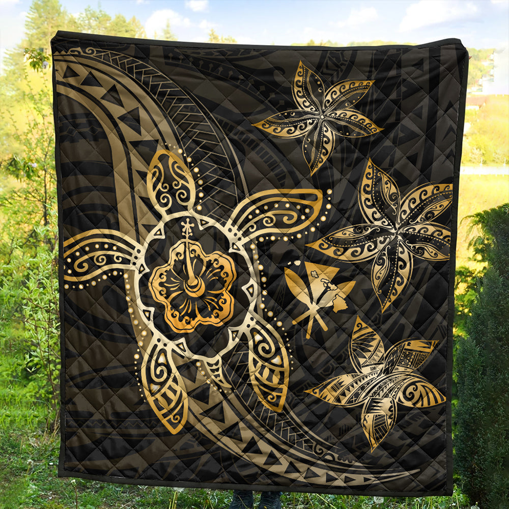 Hawaii Premium Quilt Kanaka Maoli Map Hibiscus Plumeria Turtle Art Polynesian Gold