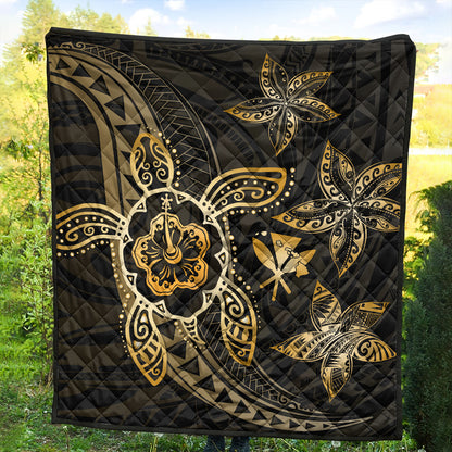 Hawaii Premium Quilt Kanaka Maoli Map Hibiscus Plumeria Turtle Art Polynesian Gold