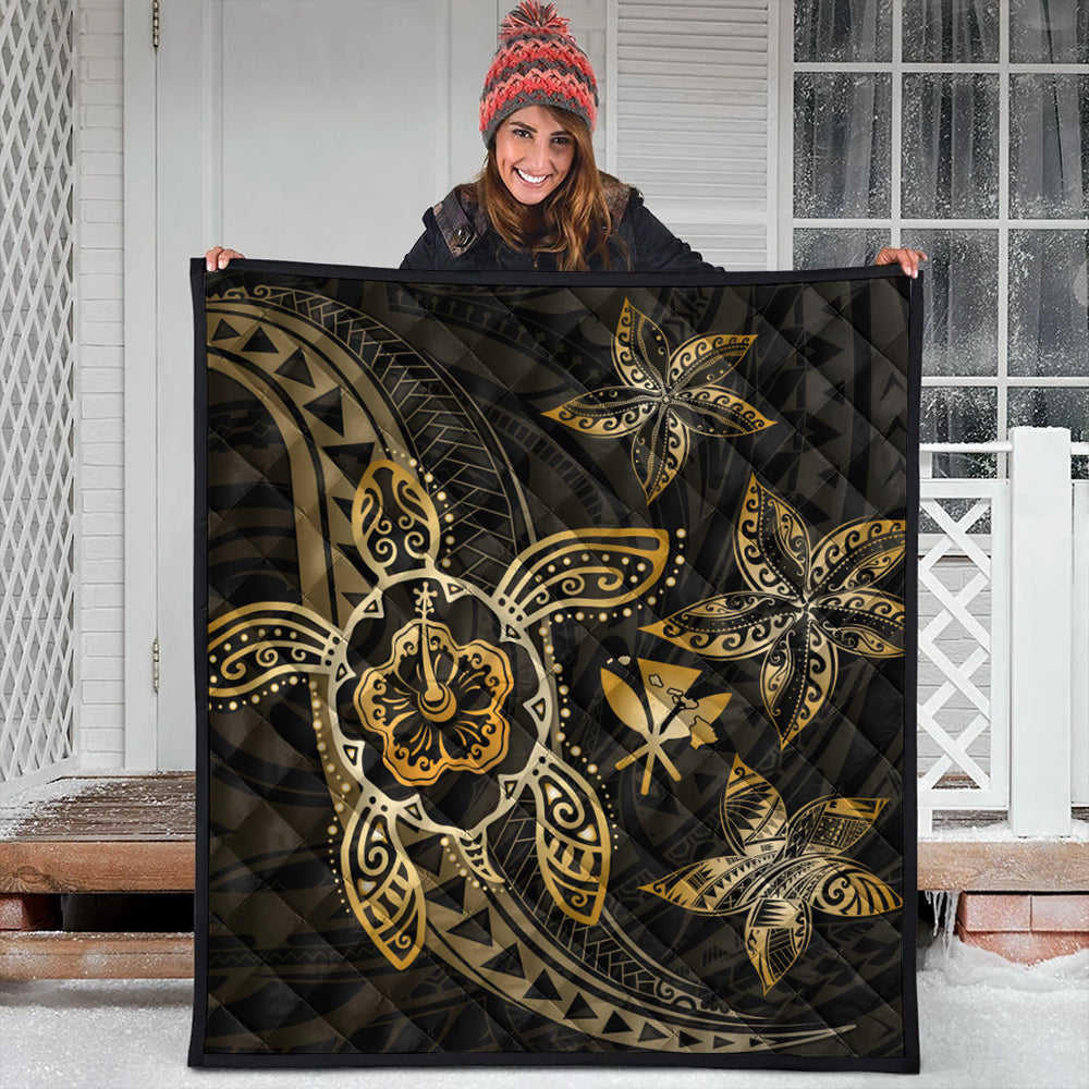 Hawaii Premium Quilt Kanaka Maoli Map Hibiscus Plumeria Turtle Art Polynesian Gold