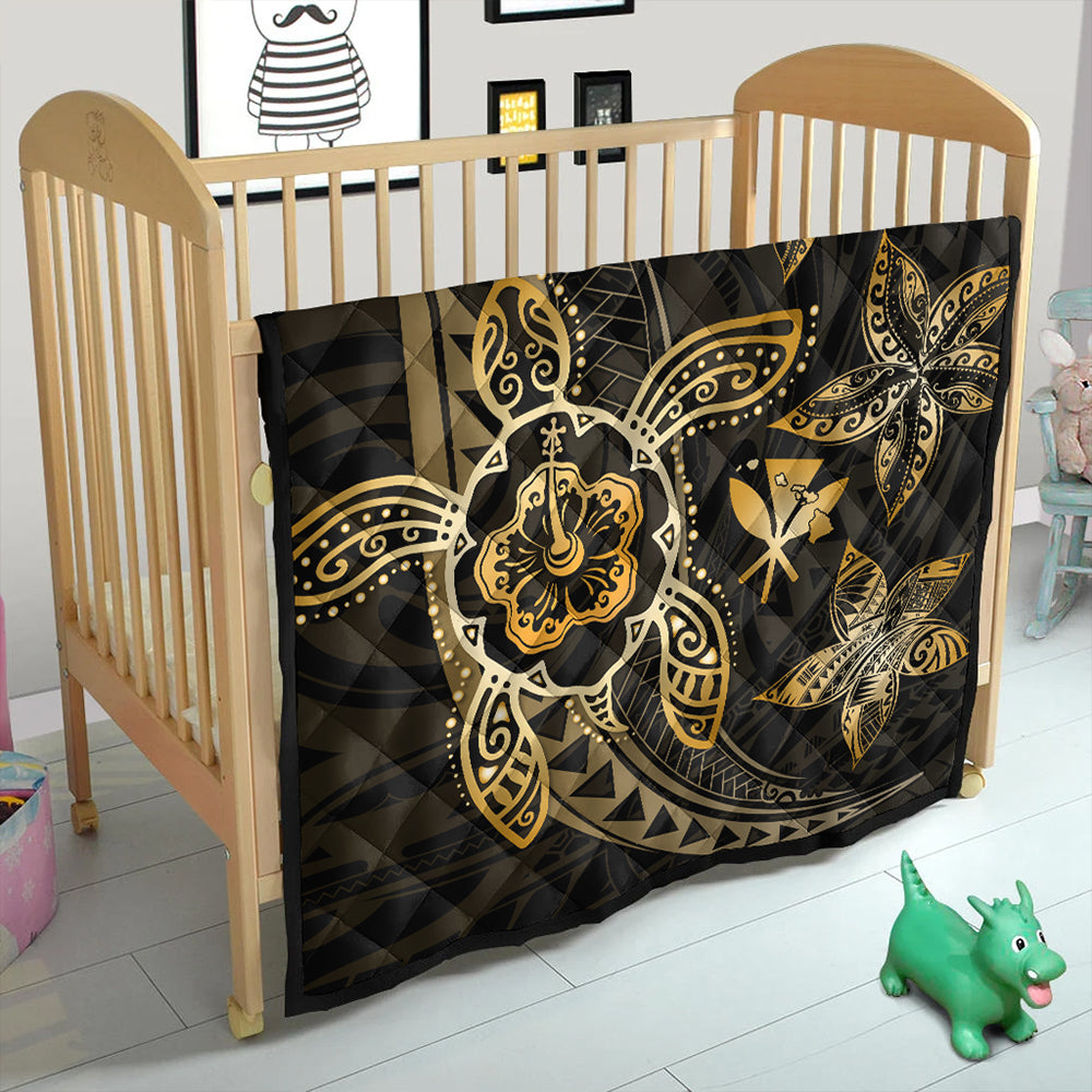 Hawaii Premium Quilt Kanaka Maoli Map Hibiscus Plumeria Turtle Art Polynesian Gold