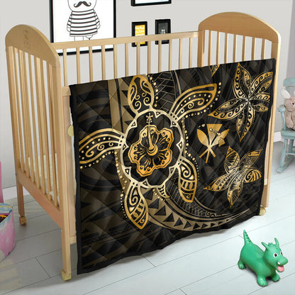 Hawaii Premium Quilt Kanaka Maoli Map Hibiscus Plumeria Turtle Art Polynesian Gold