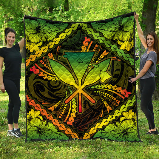Hawaii Premium Quilt Kanaka Maoli Map Hibiscus Polynesian Kanu