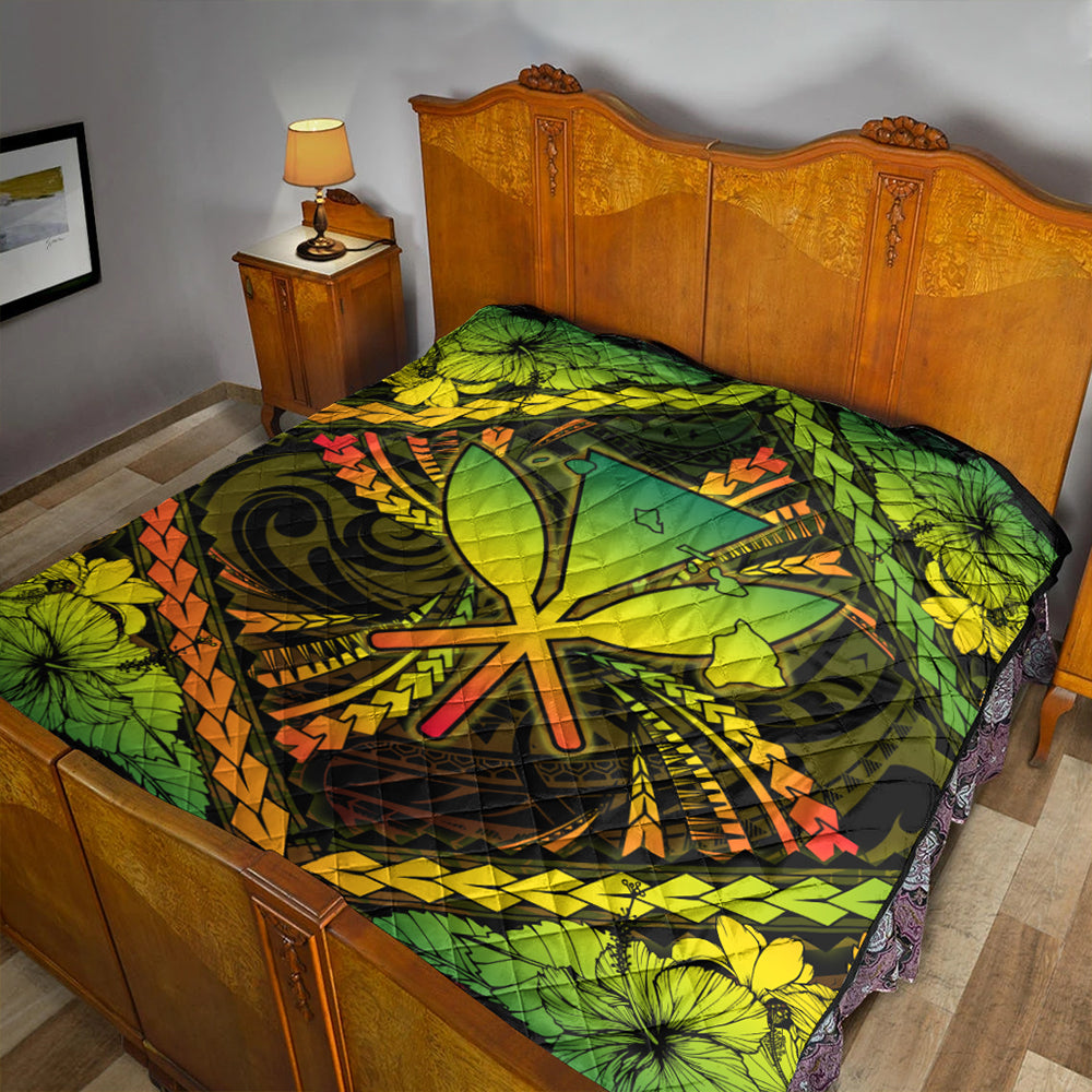 Hawaii Premium Quilt Kanaka Maoli Map Hibiscus Polynesian Kanu