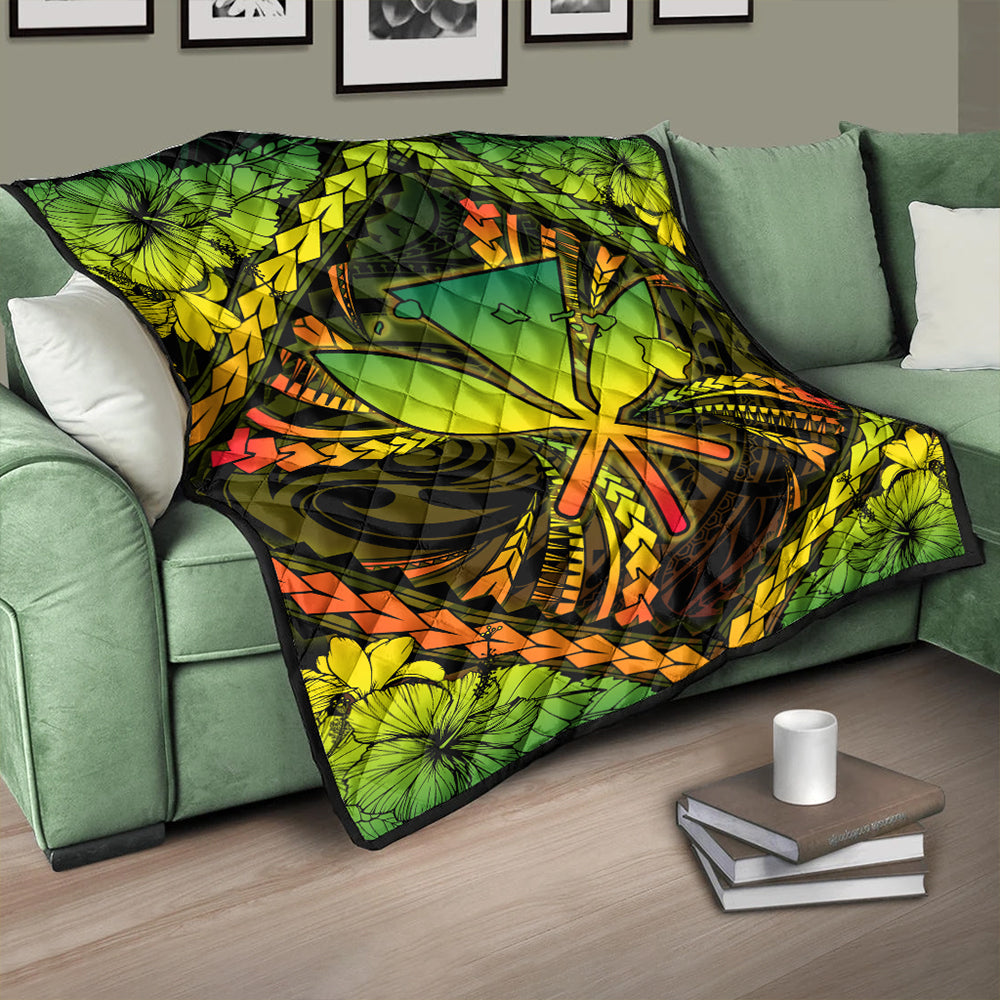 Hawaii Premium Quilt Kanaka Maoli Map Hibiscus Polynesian Kanu