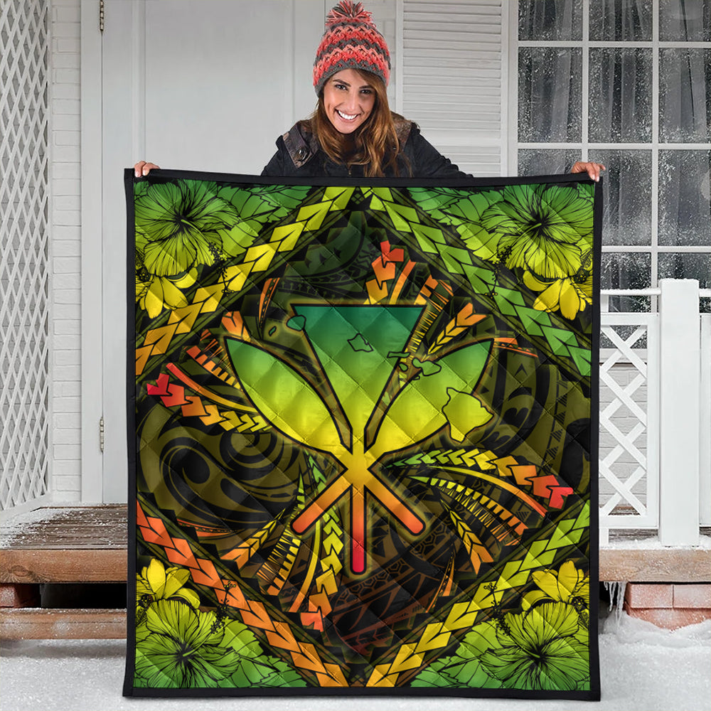 Hawaii Premium Quilt Kanaka Maoli Map Hibiscus Polynesian Kanu