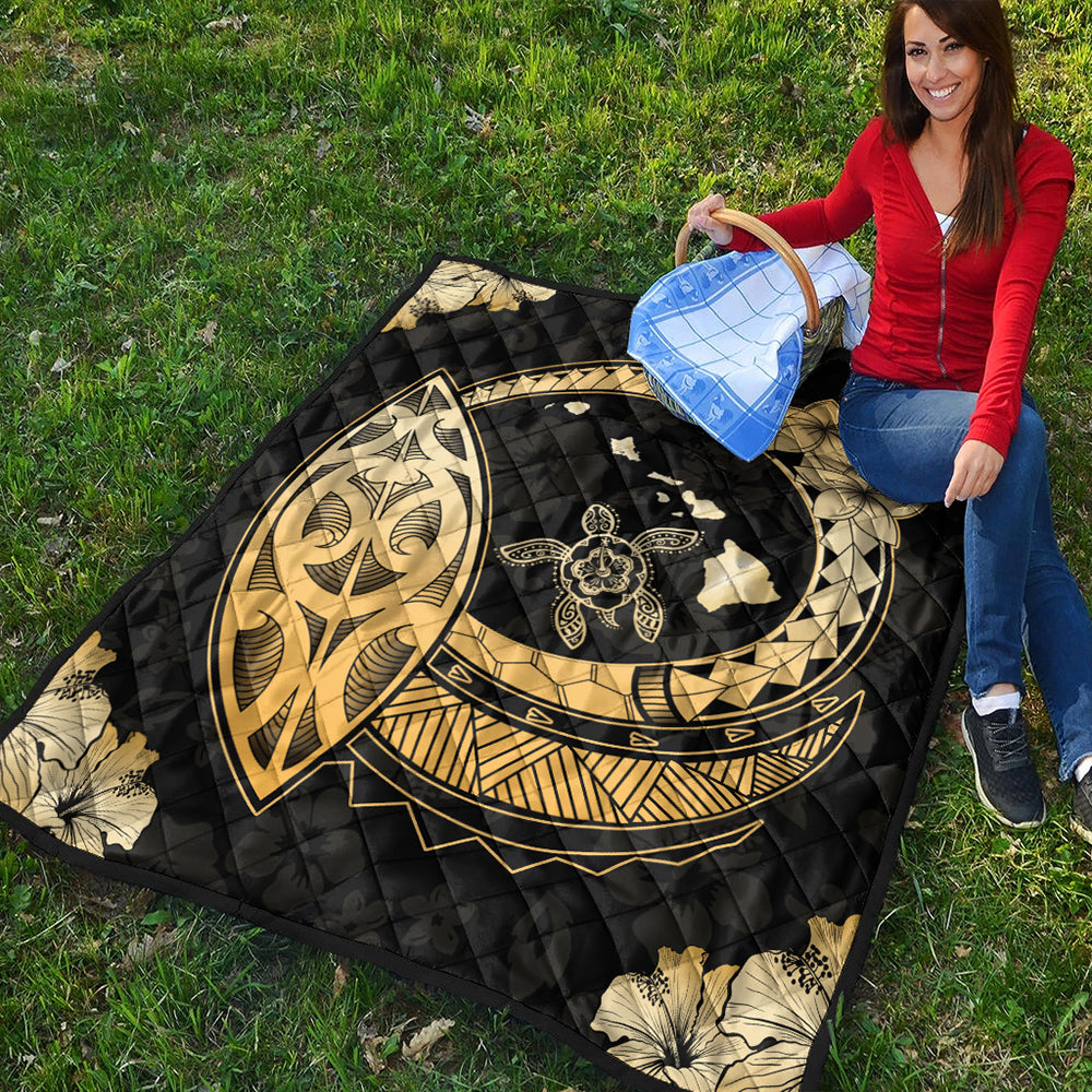 Hawaii Premium Quilt Map Honu Hibiscus Polynesian Gold