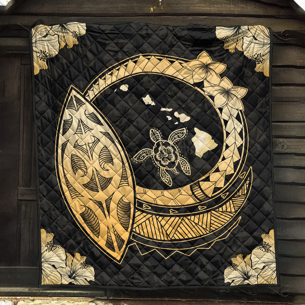 Hawaii Premium Quilt Map Honu Hibiscus Polynesian Gold