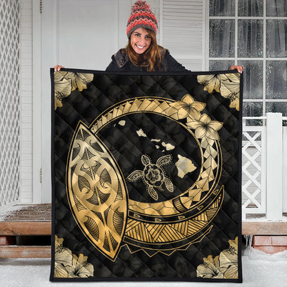 Hawaii Premium Quilt Map Honu Hibiscus Polynesian Gold