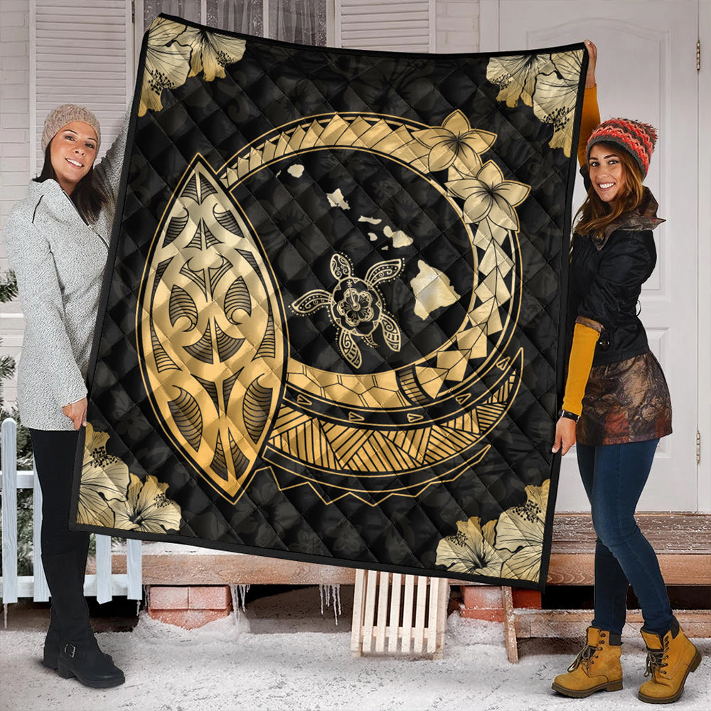Hawaii Premium Quilt Map Honu Hibiscus Polynesian Gold