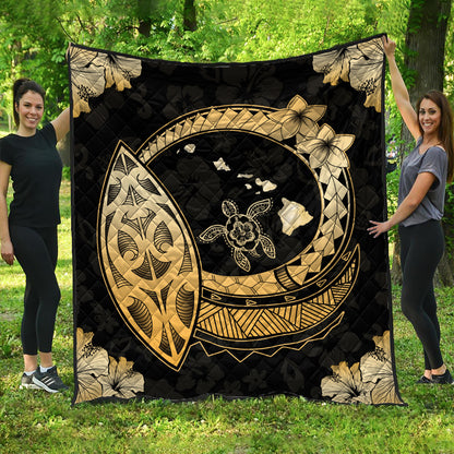 Hawaii Premium Quilt Map Honu Hibiscus Polynesian Gold