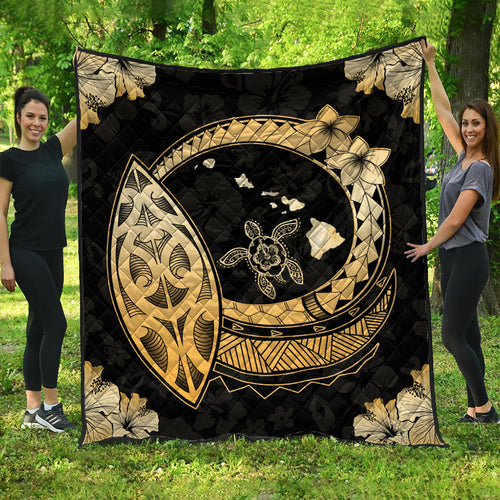 Hawaii Premium Quilt Map Honu Hibiscus Polynesian Gold