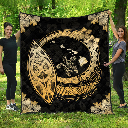 Hawaii Premium Quilt Map Honu Hibiscus Polynesian Gold