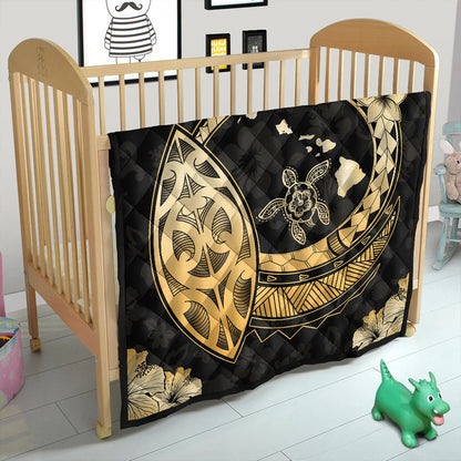 Hawaii Premium Quilt Map Honu Hibiscus Polynesian Gold