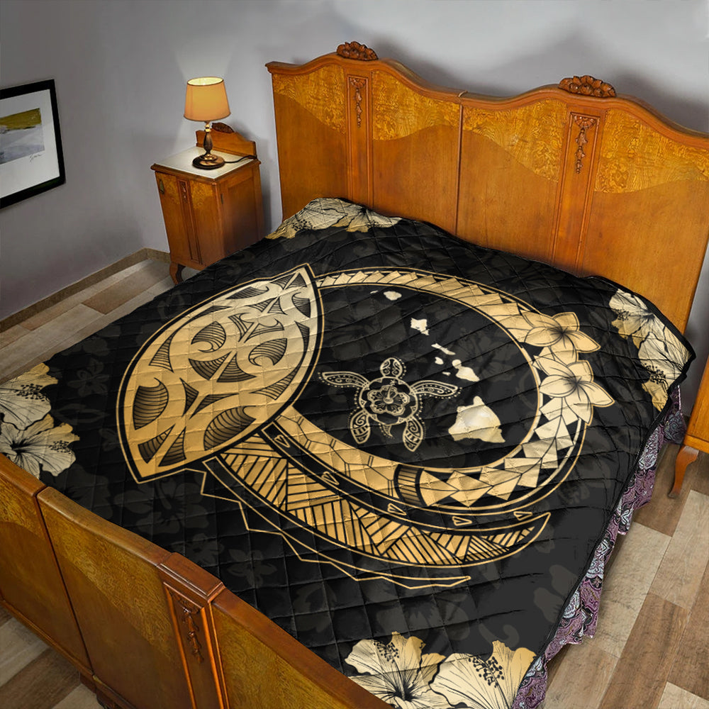 Hawaii Premium Quilt Map Honu Hibiscus Polynesian Gold
