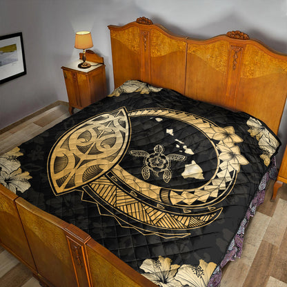 Hawaii Premium Quilt Map Honu Hibiscus Polynesian Gold