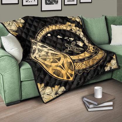 Hawaii Premium Quilt Map Honu Hibiscus Polynesian Gold