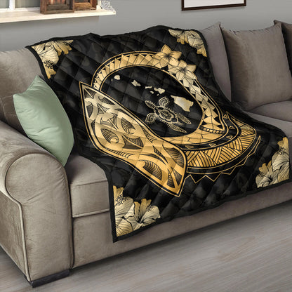 Hawaii Premium Quilt Map Honu Hibiscus Polynesian Gold