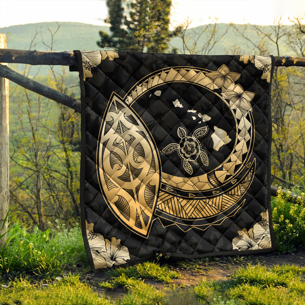 Hawaii Premium Quilt Map Honu Hibiscus Polynesian Gold