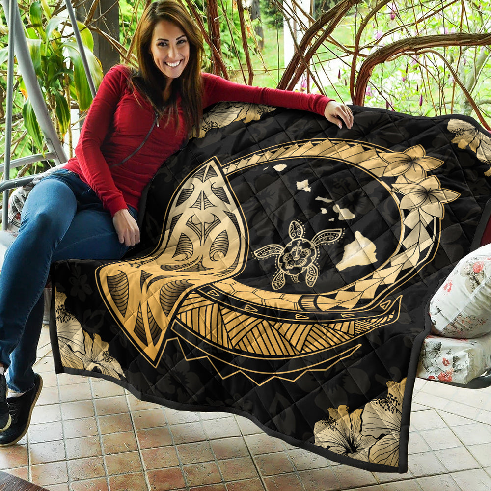 Hawaii Premium Quilt Map Honu Hibiscus Polynesian Gold