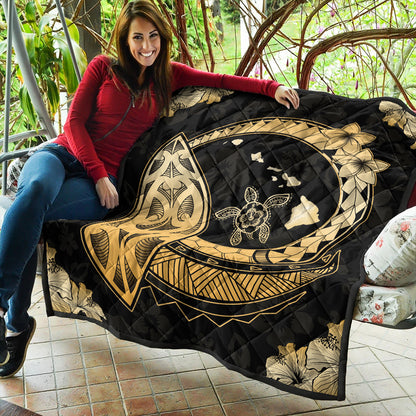 Hawaii Premium Quilt Map Honu Hibiscus Polynesian Gold