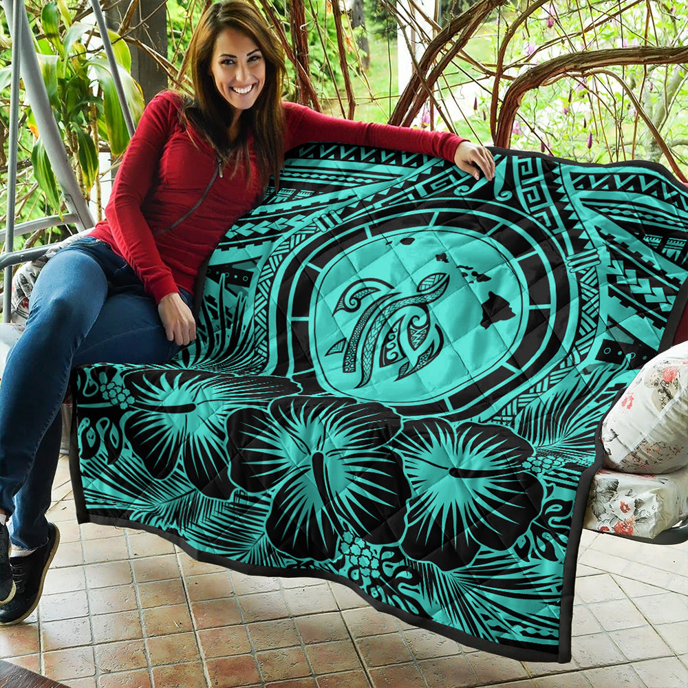 Hawaii Premium Quilt Map Honu Hibiscus Polynesian Turquoise