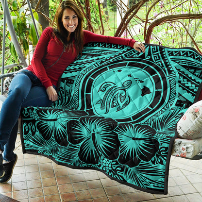Hawaii Premium Quilt Map Honu Hibiscus Polynesian Turquoise