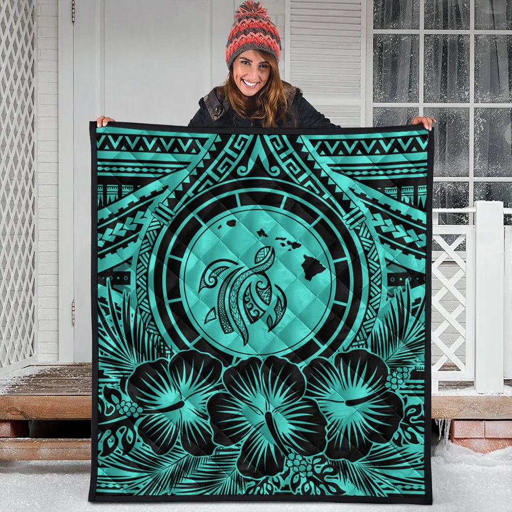 Hawaii Premium Quilt Map Honu Hibiscus Polynesian Turquoise