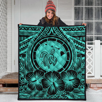 Hawaii Premium Quilt Map Honu Hibiscus Polynesian Turquoise