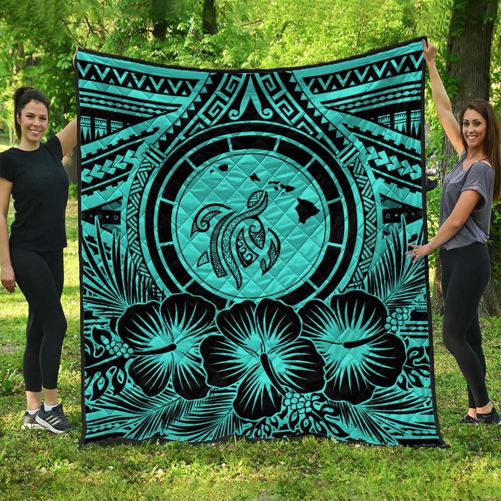 Hawaii Premium Quilt Map Honu Hibiscus Polynesian Turquoise