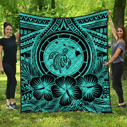 Hawaii Premium Quilt Map Honu Hibiscus Polynesian Turquoise
