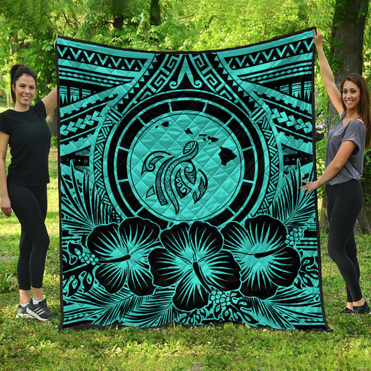 Hawaii Premium Quilt Map Honu Hibiscus Polynesian Turquoise