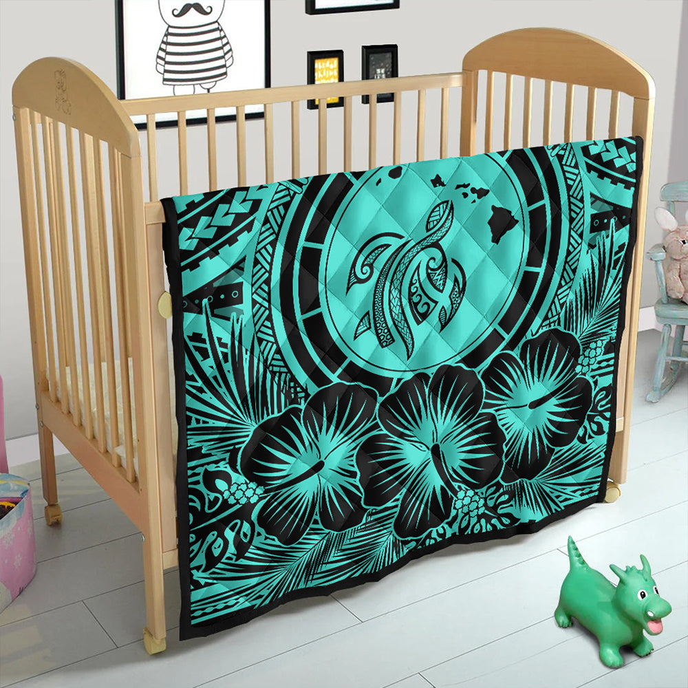 Hawaii Premium Quilt Map Honu Hibiscus Polynesian Turquoise