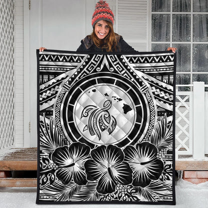 Hawaii Premium Quilt Map Honu Hibiscus Polynesian White