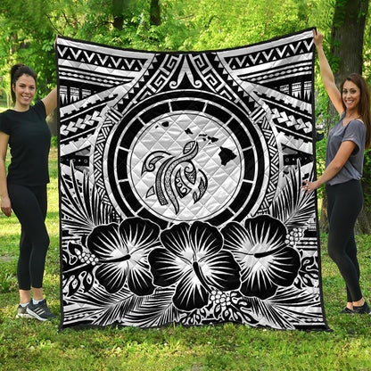Hawaii Premium Quilt Map Honu Hibiscus Polynesian White