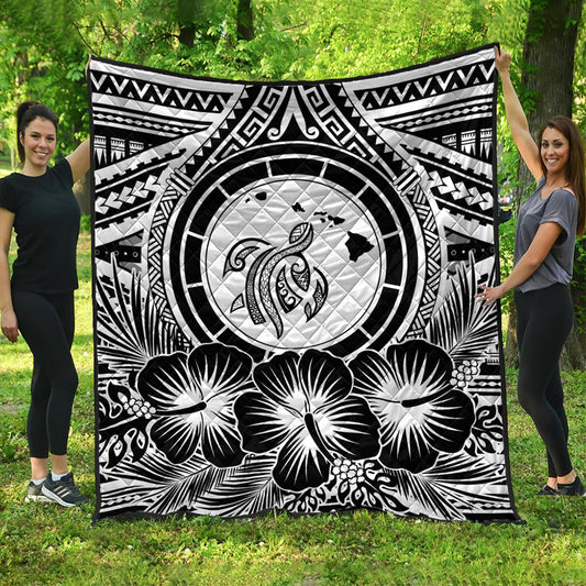 Hawaii Premium Quilt Map Honu Hibiscus Polynesian White