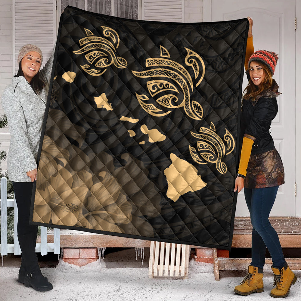 Hawaii Premium Quilt Turtle Hibiscus Map Polynesian Family Gold