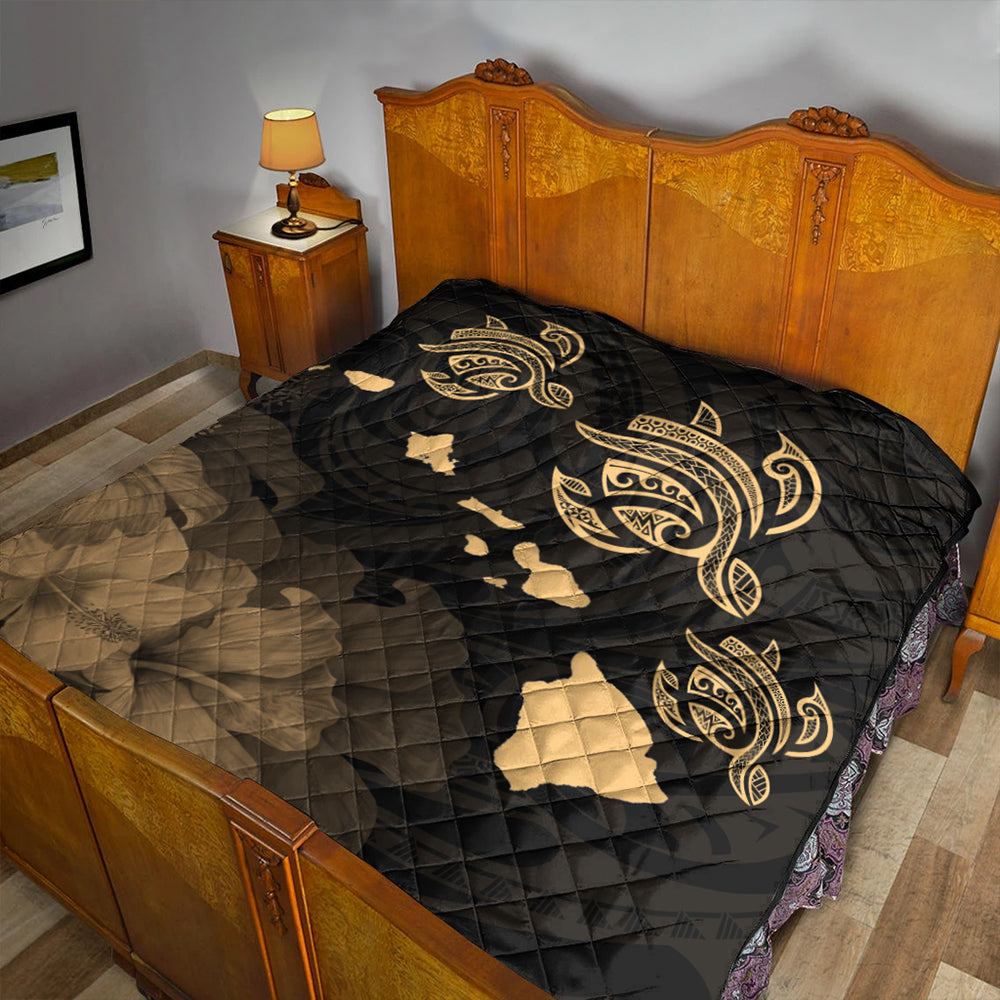 Hawaii Premium Quilt Turtle Hibiscus Map Polynesian Family Gold