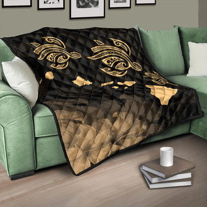 Hawaii Premium Quilt Turtle Hibiscus Map Polynesian Family Gold