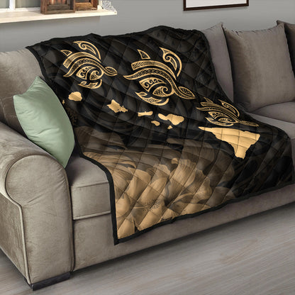 Hawaii Premium Quilt Turtle Hibiscus Map Polynesian Family Gold