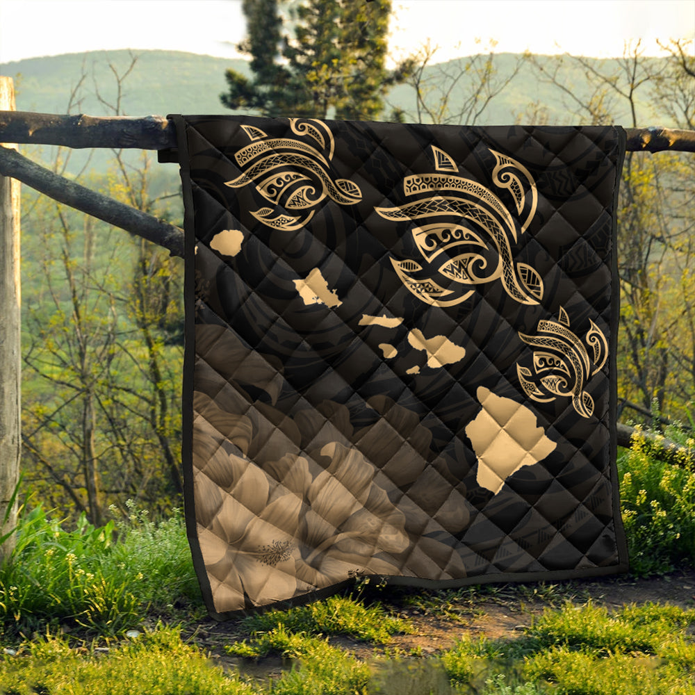 Hawaii Premium Quilt Turtle Hibiscus Map Polynesian Family Gold