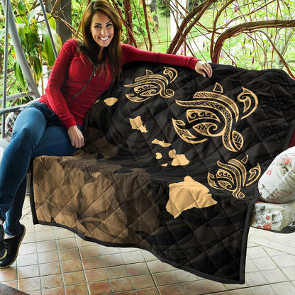 Hawaii Premium Quilt Turtle Hibiscus Map Polynesian Family Gold