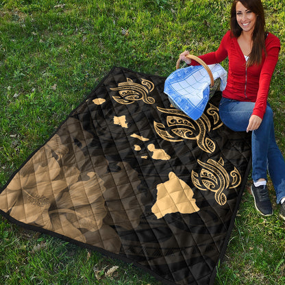 Hawaii Premium Quilt Turtle Hibiscus Map Polynesian Family Gold