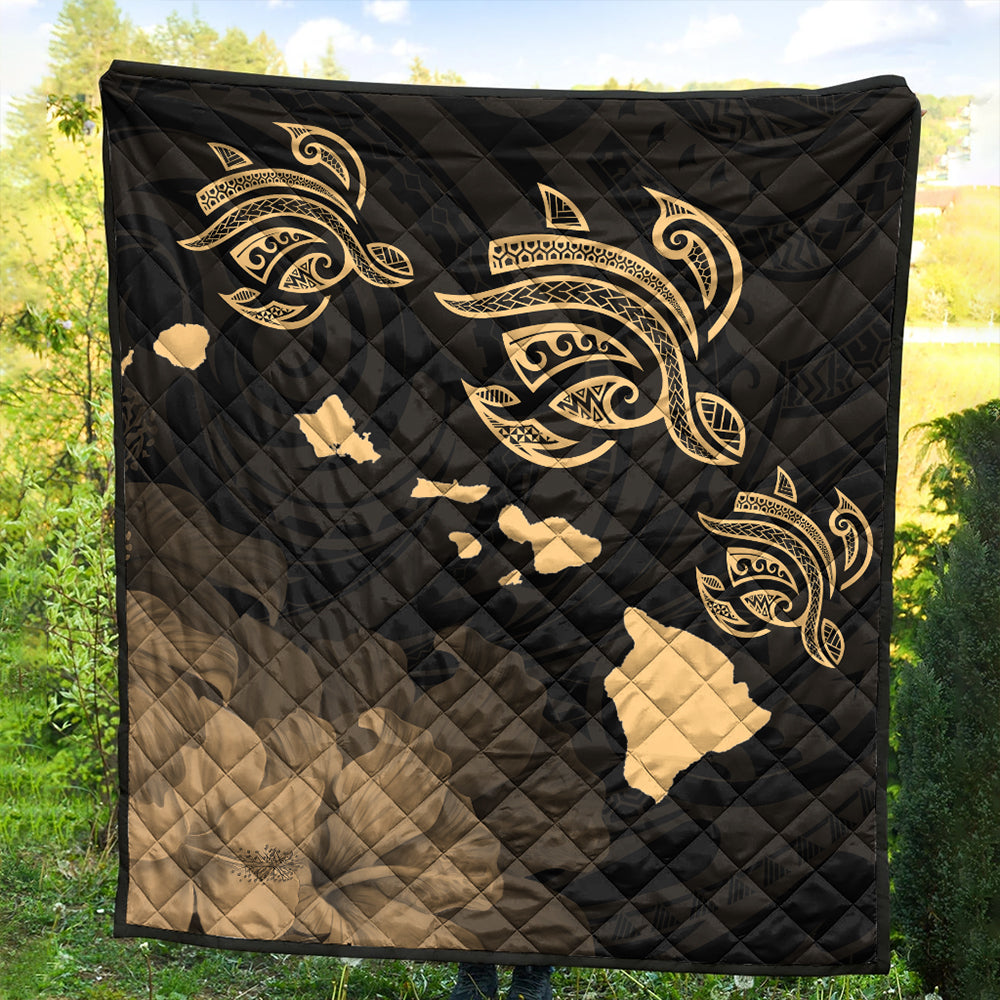 Hawaii Premium Quilt Turtle Hibiscus Map Polynesian Family Gold