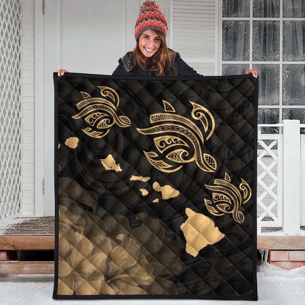 Hawaii Premium Quilt Turtle Hibiscus Map Polynesian Family Gold