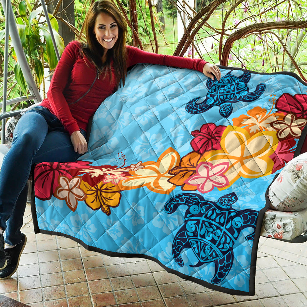Hawaii Premium Quilt Turtle Hibiscus Pattern Blue