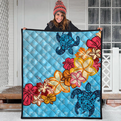 Hawaii Premium Quilt Turtle Hibiscus Pattern Blue