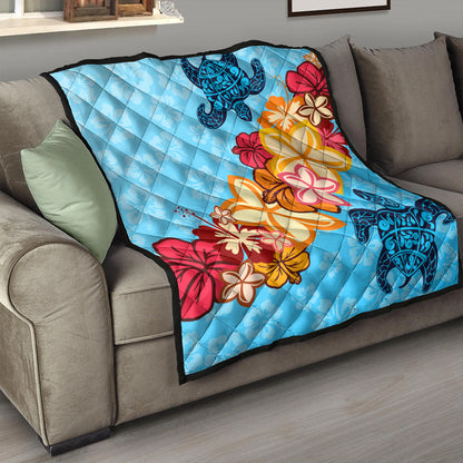 Hawaii Premium Quilt Turtle Hibiscus Pattern Blue