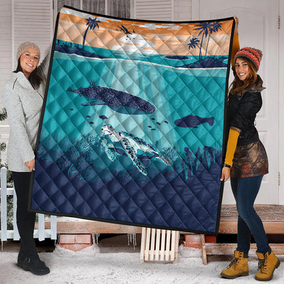 Hawaii Premium Quilt Whale And Turtle In Sunset Polynesian