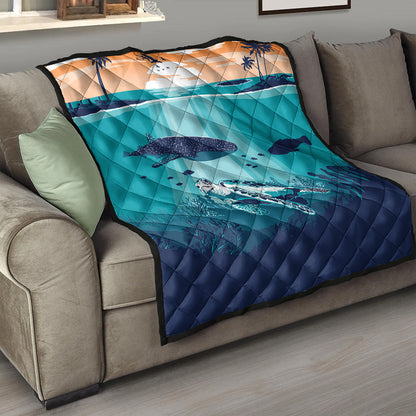 Hawaii Premium Quilt Whale And Turtle In Sunset Polynesian